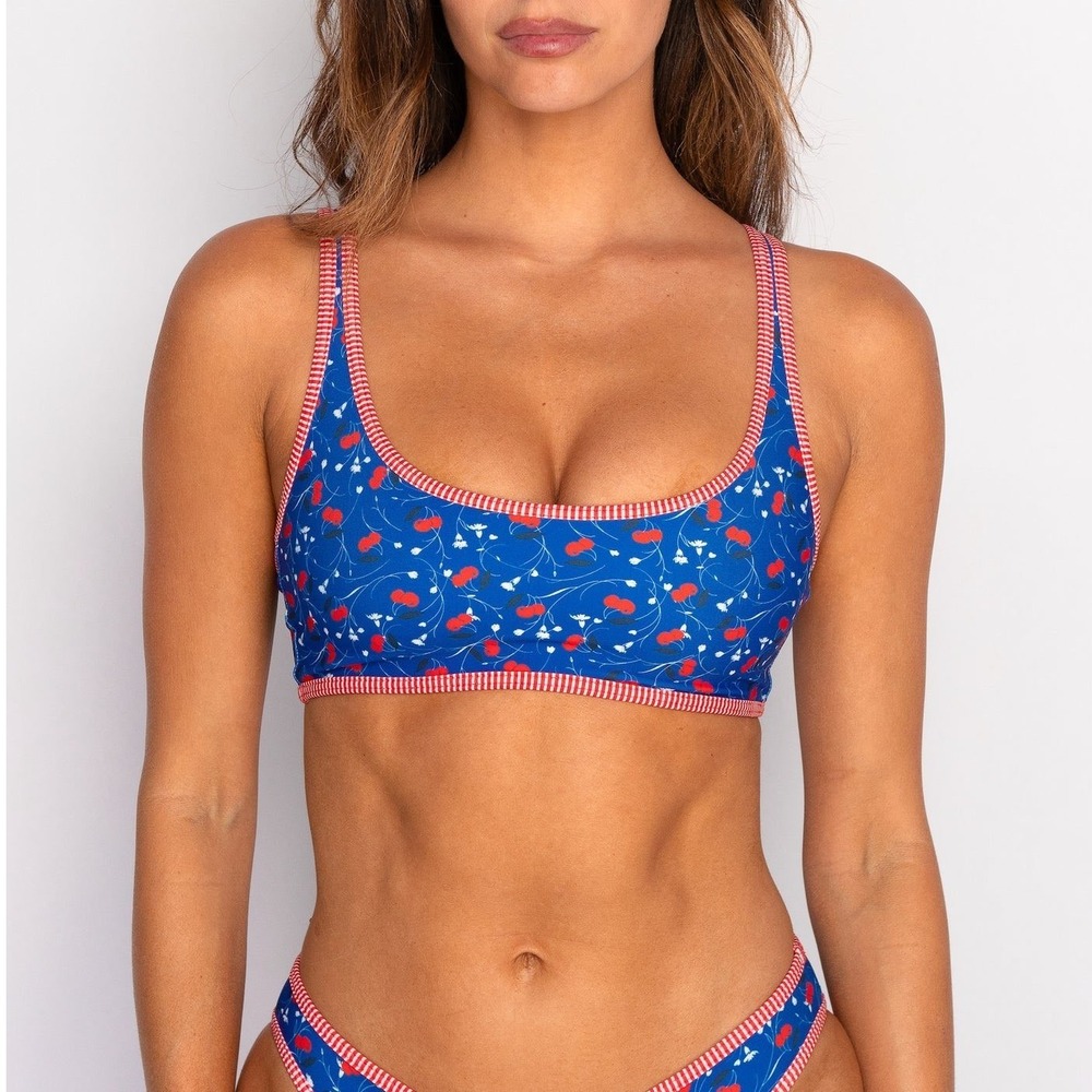 SKATIE Mya Bikini Top Womens Small Blue Cherry Print Americana Scoop Neck